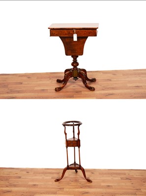 Lot 27 - A burr walnut Victorian work table; and wig stand