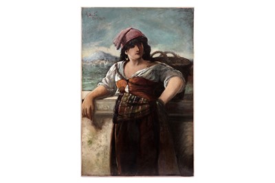 Lot 99 - A. Donato - Portrait of a Capri Fisherwoman with Mount Vesuvius in the Distance | oil