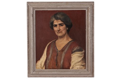 Lot 99 - Merle Barnett - "Portrait", lady in a smock dress | oil