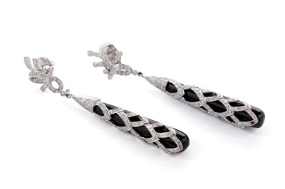 Lot 278 - A pair of diamond and onyx pendant earrings