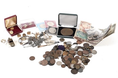 Lot 306 - A collection of coins, banknotes, jewellery and accessories