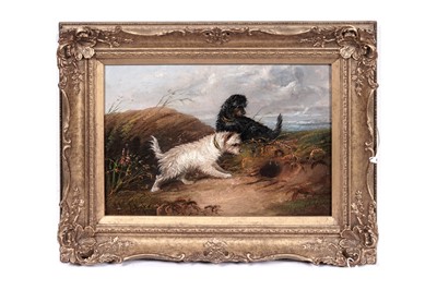 Lot 165 - J. Langlois - Two Terriers Rabbiting, Waiting at a Rabbit Hole | oil on canvas