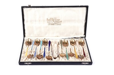 Lot 785 - A set of Norwegian enamelled silver gilt coffee spoons and sugar tongs