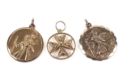 Lot 663 - Two Gold St Christopher pendants; and a Maltese cross