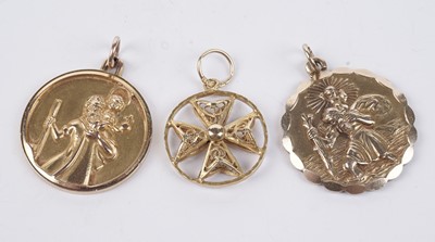 Lot 663 - Two Gold St Christopher pendants; and a Maltese cross