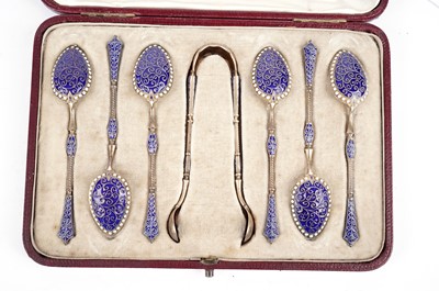 Lot 819 - A set of six Norwegian silver and blue and white enamel coffee spoons