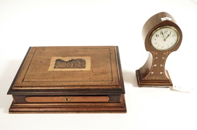 Lot 77 - An early 20th Century Arts & Crafts inlaid mahogany mantel clock and Victorian sewing box