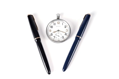 Lot 459 - A Helvetia British WWII pocket watch; and two gold nibbed Parker pens