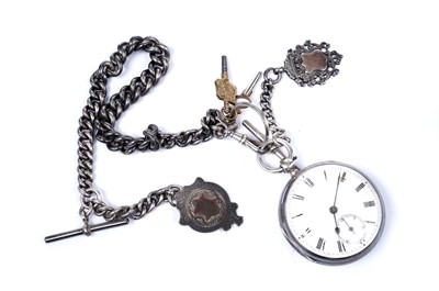 Lot 1685 - A Victorian silver pocket watch, a silver chain and two silver fobs