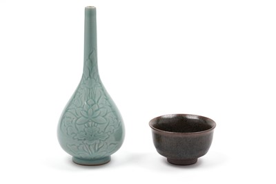 Lot 371 - A Jian style teabowl; and a Celadon bottle vase