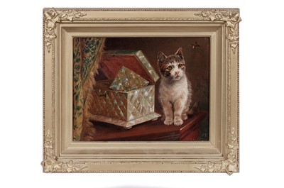 Lot 1169 - Wilson Hepple - Calico Kitten Spies a Bee | oil