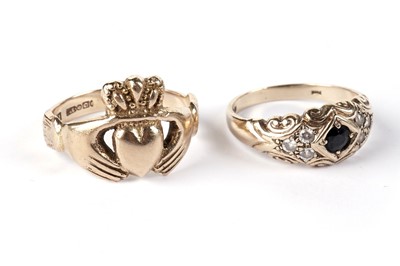 Lot 568 - A 9ct gold Claddagh ring; and a Victorian-style sapphire ring