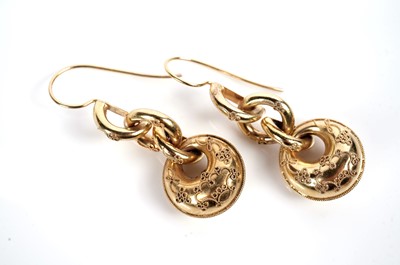 Lot 1248 - A pair of Victorian yellow gold drop earrings