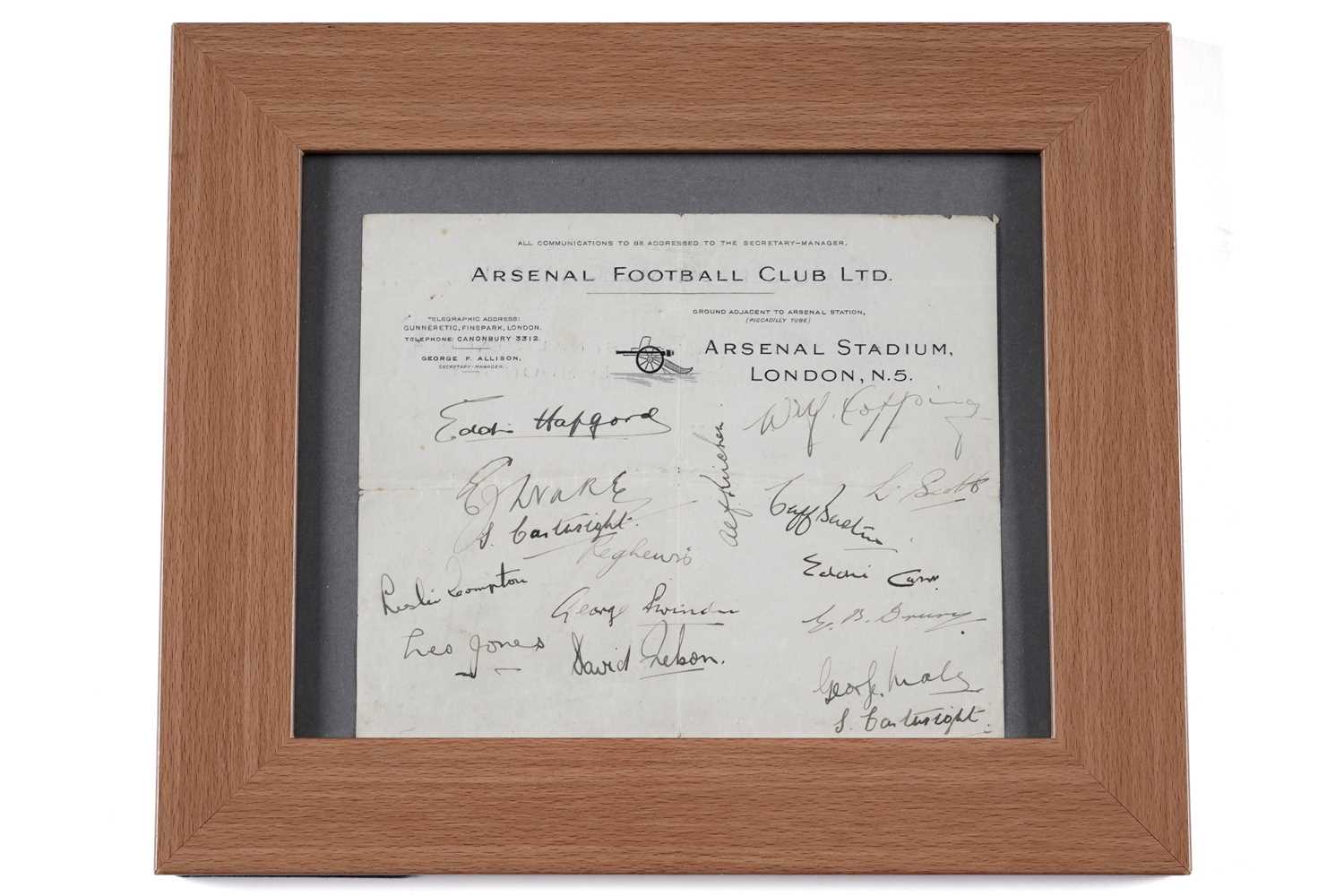 Lot 911 - An autographed Arsenal Football Club letterheaded sheet