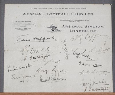 Lot 911 - An autographed Arsenal Football Club letterheaded sheet