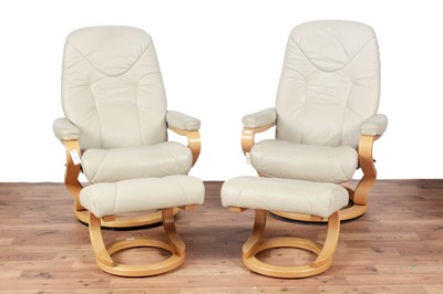 Lot 15 - A pair of Stressless-style swivel action reclining armchairs; and matching footstools