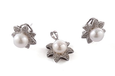 Lot 163 - A cultured pearl and diamond flower cluster pendant; and earrings