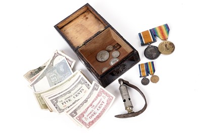 Lot 466 - A pair of World War 1 medals, a whistle and a collection of notes