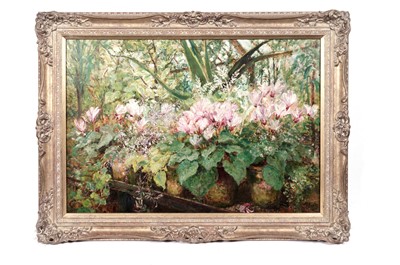 Lot 158 - John Falconar Slater - Floral Still Life Within a Glasshouse | oil on board