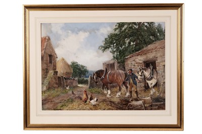 Lot 81 - John Falconar Slater - Farmyard Stables with Shire horses and Chickens | gouache