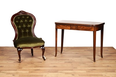 Lot 12 - A George III inlaid mahogany tea table and Victorian button back nursing chair