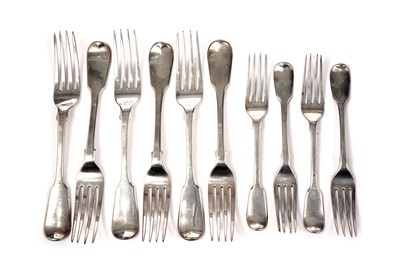 Lot 1634 - A matched set of six George IV Fiddle pattern table forks and four dessert forks