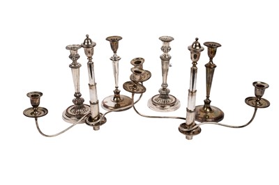 Lot 1384 - A pair of middle period Old Sheffield plated candlesticks; and other items