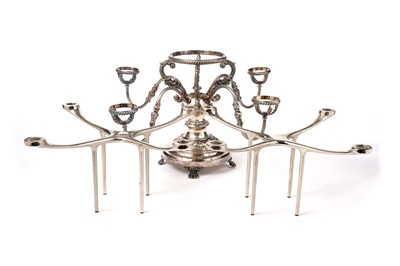 Lot 1385 - An Old Sheffield plated centrepiece; and a pair of candelabras