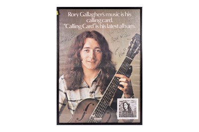 Lot 379 - A framed poster of Rory Gallagher, advertising the Calling Card LP, signed by the band