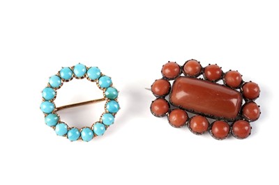 Lot 574 - A Georgian coral lace pin; and a turquoise wreath brooch