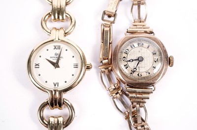 Lot 598 - A lady's gold-cased wristwatch; and a Raymond Weil gold plated dress watch