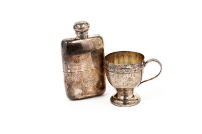 Lot 837 - A George V silver christening cup; and hip flask