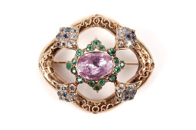 Lot 1279 - A Victorian topaz, emerald, sapphire, and diamond brooch