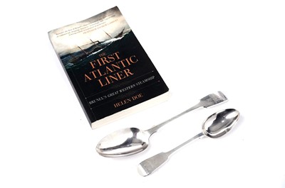 Lot 1578 - Fiddle pattern spoons; and a copy of The First Atlantic Liner