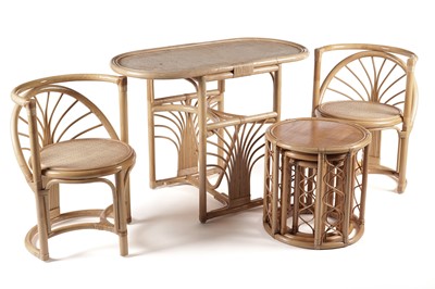 Lot 768 - A late 20th Century bamboo and rattan table and chairs; and a nest of tables