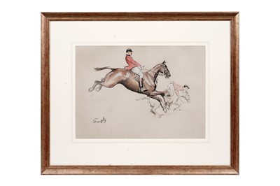 Lot 53 - Charles Johnson Payne 'Snaffles' - Two Hunt Members Jumping an Obstacle | pen and ink