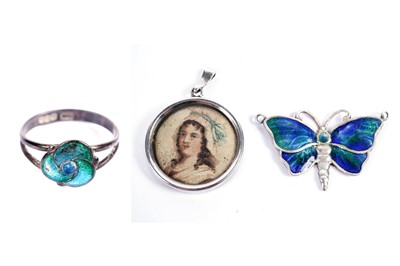 Lot 184 - An Arts and Crafts silver and enamel ring; and two pieces of Charles Horner jewellery