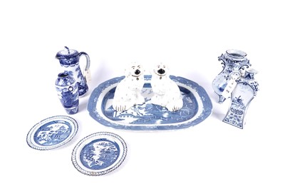 Lot 316 - A pair of Staffordshire Wally dogs; and a selection of other blue and white ceramics