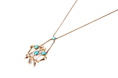 Lot 1241 - An Art Nouveau gold, turquoise, and pearl pendant