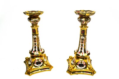 Lot 212 - A pair of Royal Crown Derby ‘Old Imari’ pattern candlesticks