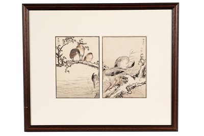 Lot 2 - Kono Bairei - Birds on a branch over the water | woodblock print