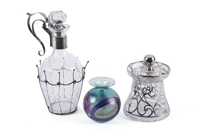 Lot 395 - An Elizabeth II silver mounted glass decanter and stopper and two other pieces of modern glass