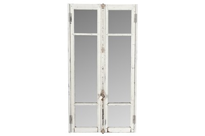 Lot 162 - A rustic white painted false-cupboard wall hanging mirror