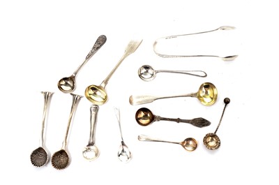 Lot 823 - A selection of silver salt spoons: including one by Georg Jensen; and a pair of sugar tongs