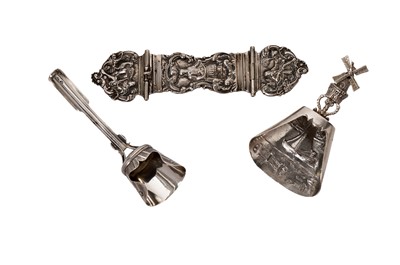 Lot 824 - Two caddy spoons; and a decorated belt buckle