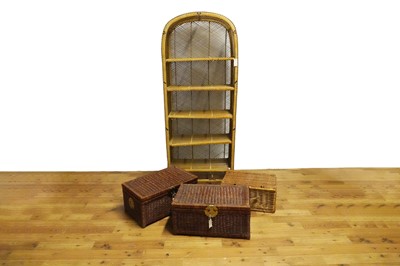 Lot 7 - A peacock-style wicker shelving unit; and wicker baskets