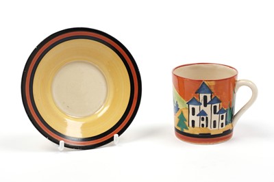 Lot 512 - A Clarice Cliff Bizarre Applique ‘Lucerne’ pattern coffee cup and saucer