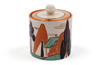 Lot 560 - A Clarice Cliff Fantasque ‘Alpine’ pattern preserve jar and cover