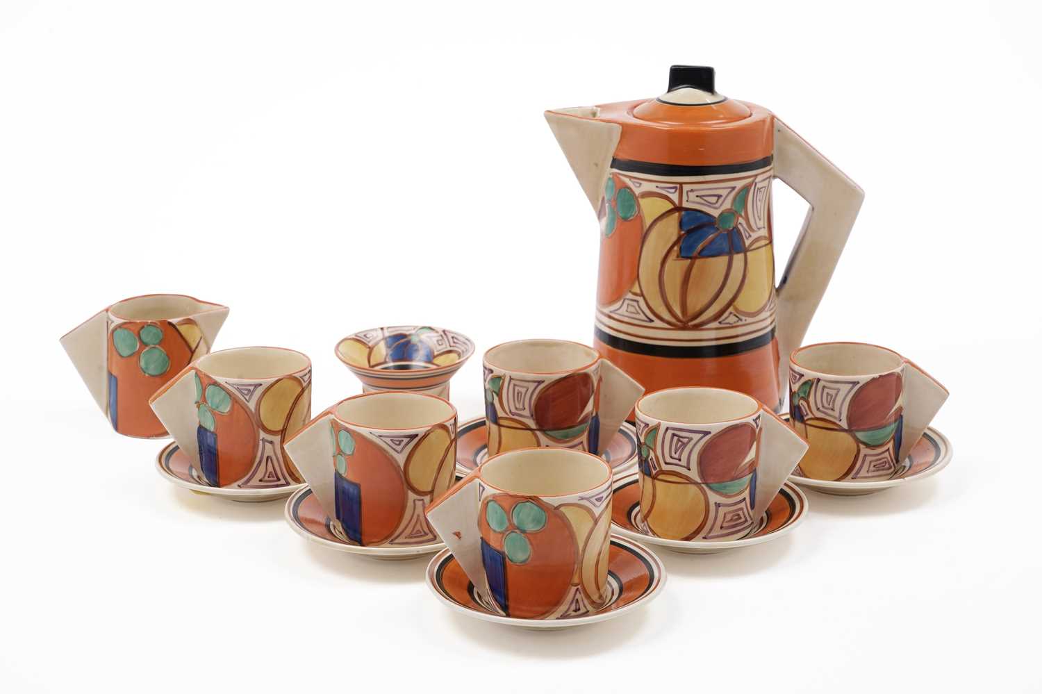 Lot 569 - A Clarice Cliff Fantasque ‘Melon’ pattern conical coffee service