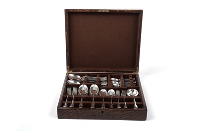 Lot 1581 - A 20th Century silver part service of Hanoverian pattern flatware in a fitted oak box